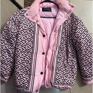 Pink and black Versace puffer coat